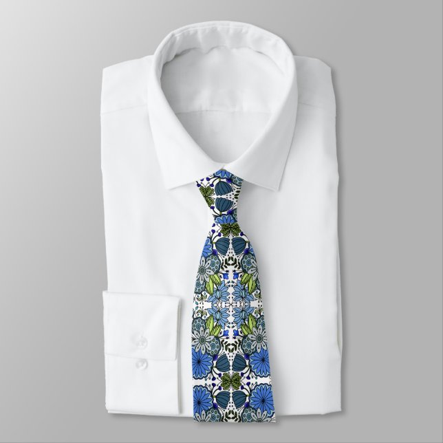 Shades of Blue Floral Flower Garden Folk Art Tie (Tied)