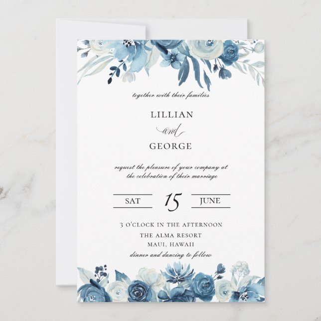 Shades of Blue Floral Wedding Invitation (Front)