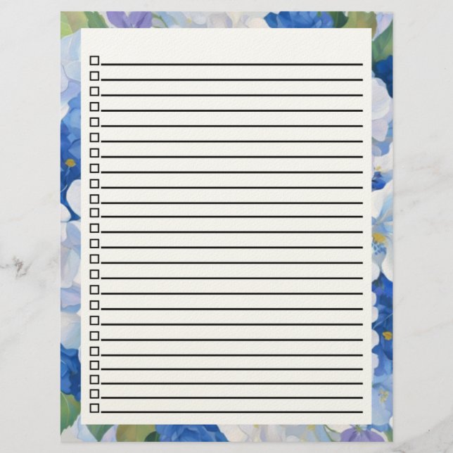 Shades of Blue Florals To Do List Custom Letterhead (Front)