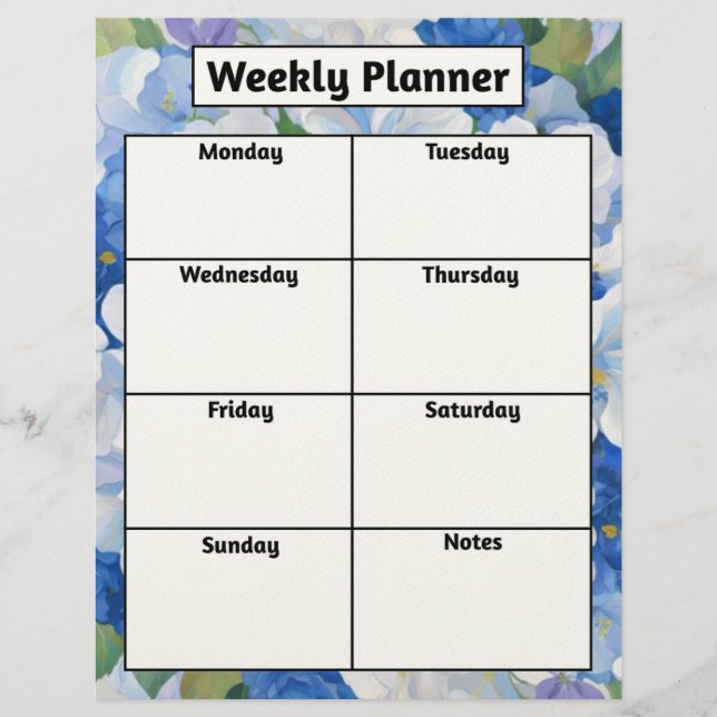 Shades of Blue Florals Weekly Planner Custom Letterhead (Front)