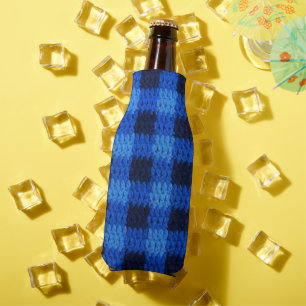 Shades of Blue Gingham Plaid Crochet Bottle Cooler