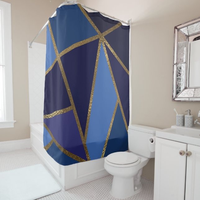 Shades of Blue & Gold Bronze Geometric Chic Shower Curtain (In Situ)