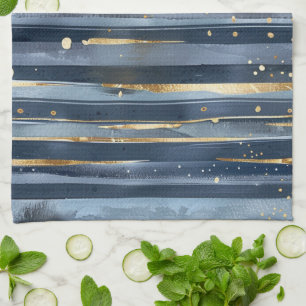 Shades of Blue Gold Stripes Dots Dreams Tea Towel