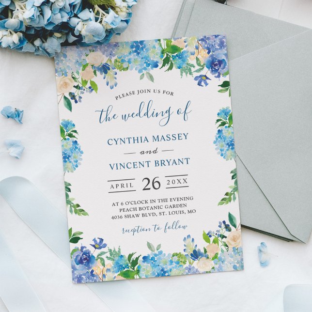 Shades of Blue Hydrangeas Pastel Floral Wedding Invitation (Creator Uploaded)
