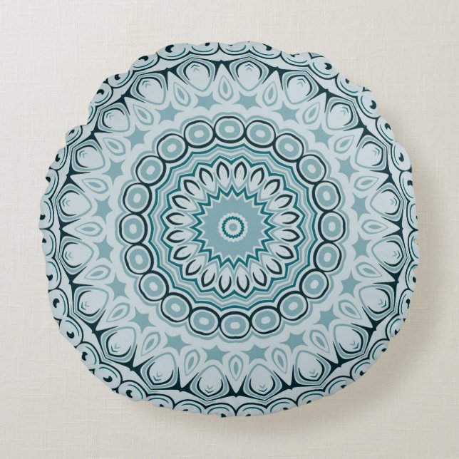 Shades of Blue Kaleidoscope Flowers Design Round Cushion (Front)