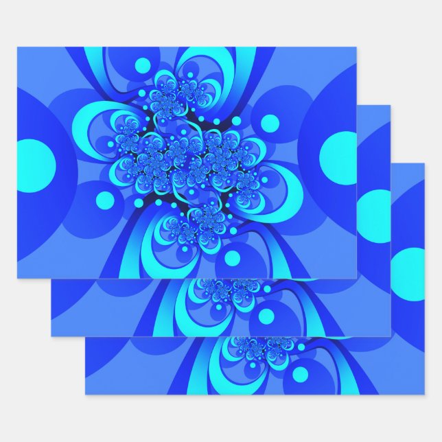 Shades of Blue Modern Abstract Fractal Art Wrapping Paper Sheet (Set)