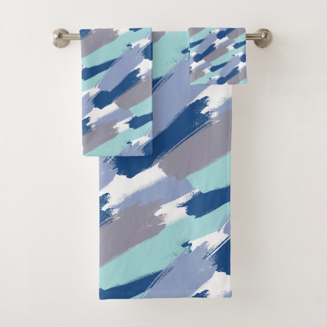 Shades of Blue Paint Brush Strokes Bath Towel Set (Insitu)