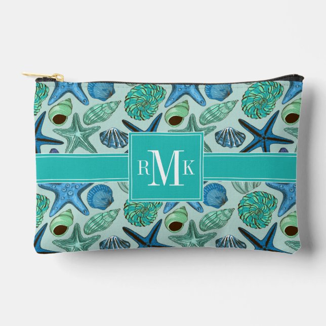 Shades Of Blue Seashells And Starfish Pattern Accessory Pouch (Front)