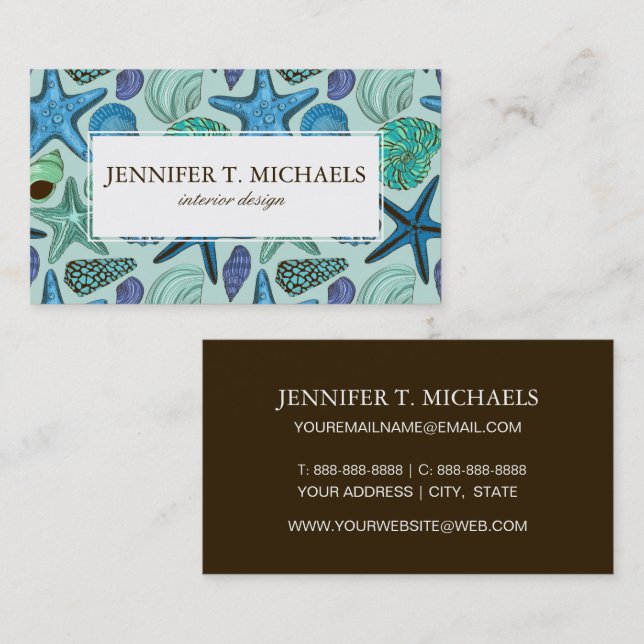 Shades Of Blue Seashells And Starfish Pattern Business Card (Front/Back)