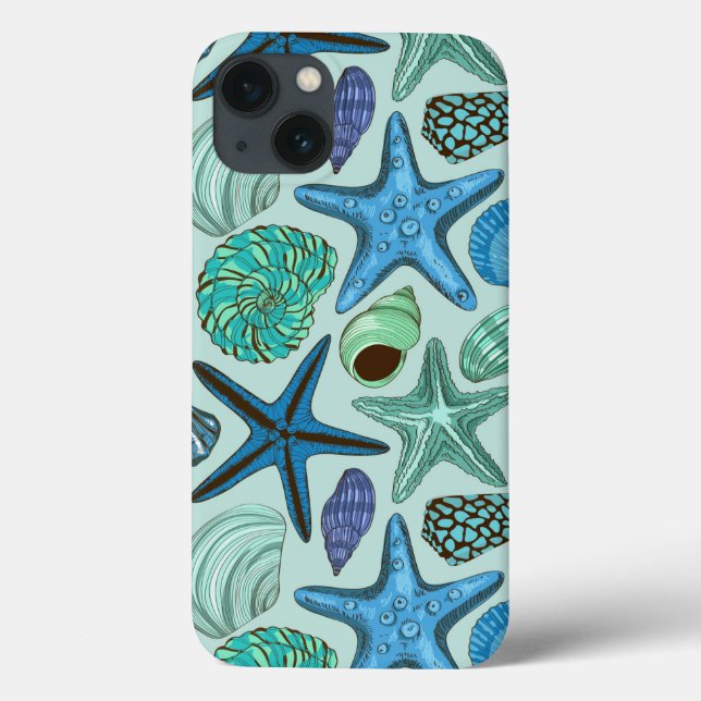 Shades Of Blue Seashells And Starfish Pattern Case-Mate iPhone Case (Back)