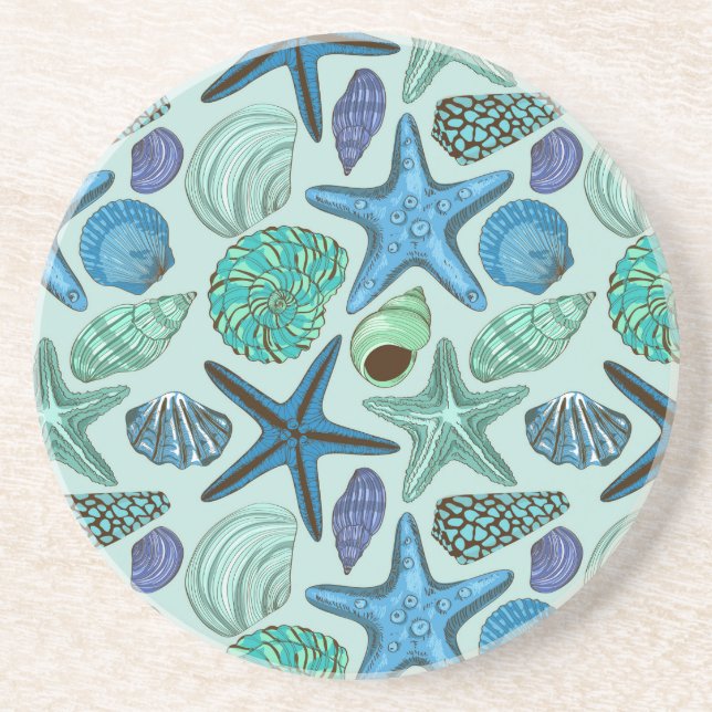Shades Of Blue Seashells And Starfish Pattern Coaster (Front)