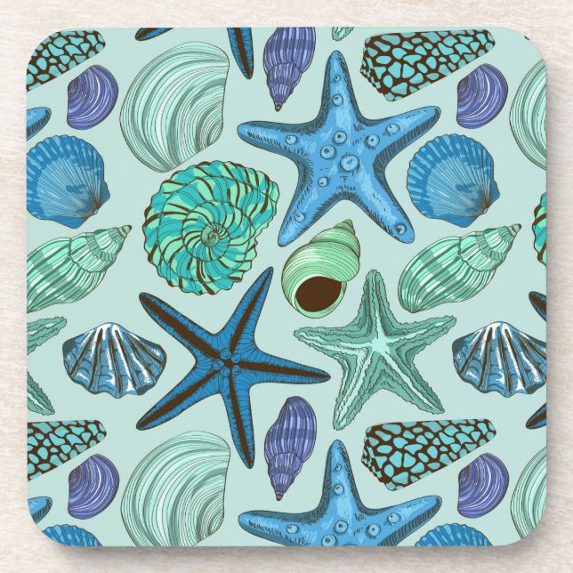 Shades Of Blue Seashells And Starfish Pattern Coaster (Front)