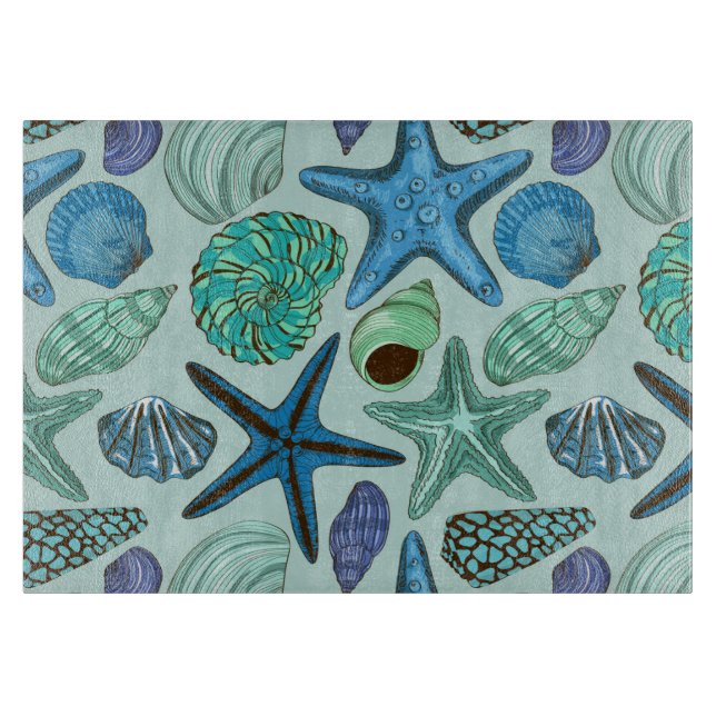 Shades Of Blue Seashells And Starfish Pattern Cutting Board (Front)