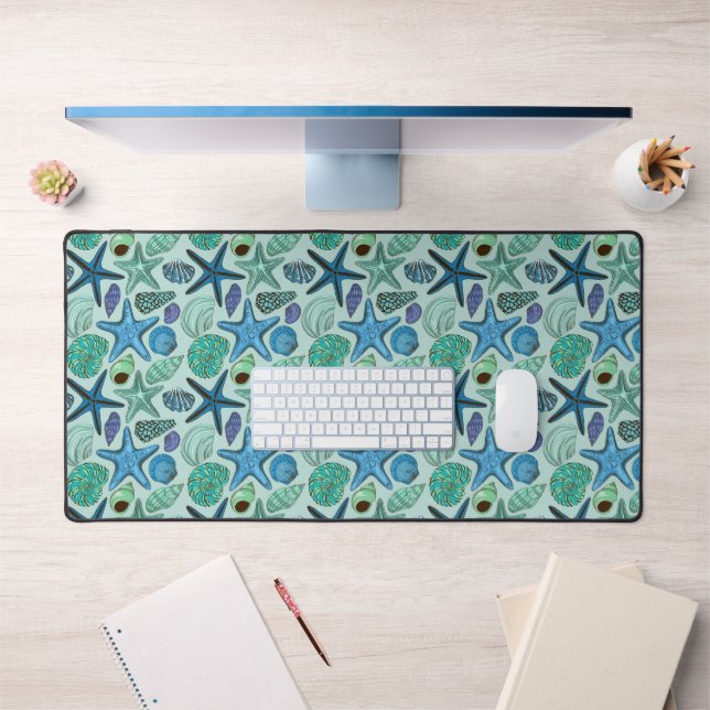 Shades Of Blue Seashells And Starfish Pattern Desk Mat (Office 1)