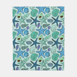 Shades Of Blue Seashells And Starfish Pattern Fleece Blanket