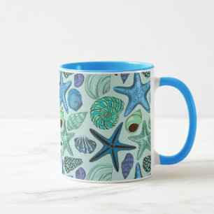 Shades Of Blue Seashells And Starfish Pattern Mug