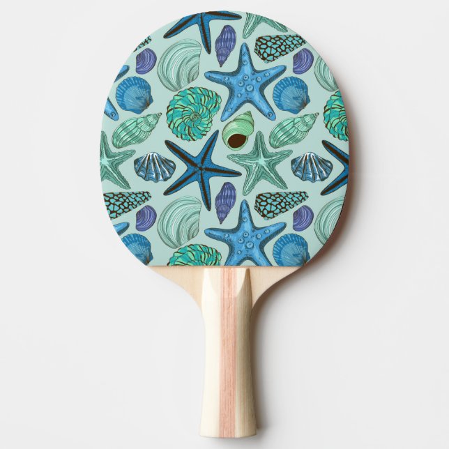 Shades Of Blue Seashells And Starfish Pattern Ping Pong Paddle (Front)