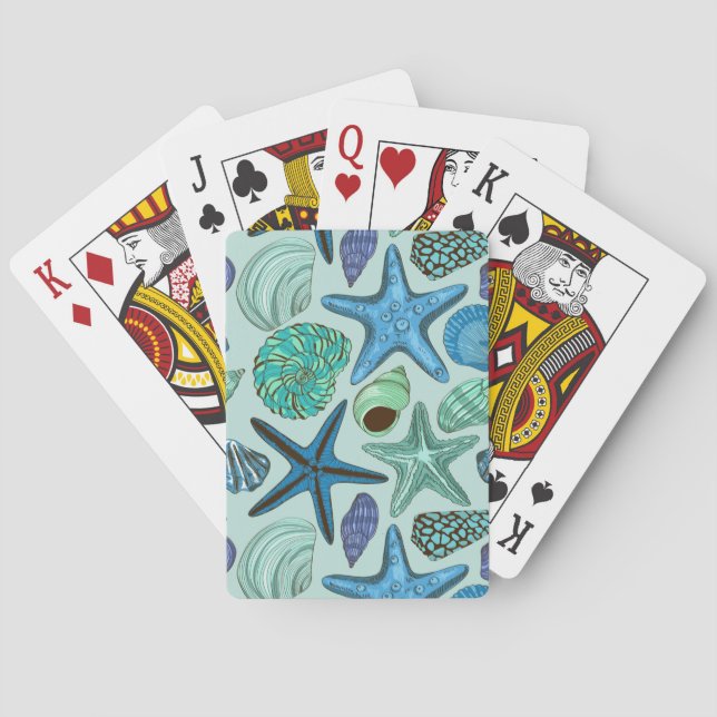 Shades Of Blue Seashells And Starfish Pattern Playing Cards (Back)