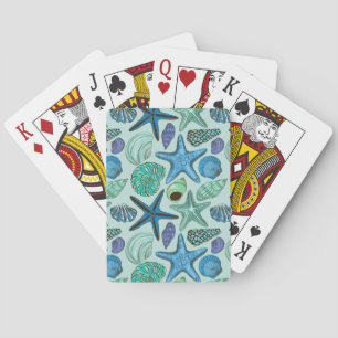 Shades Of Blue Seashells And Starfish Pattern Playing Cards