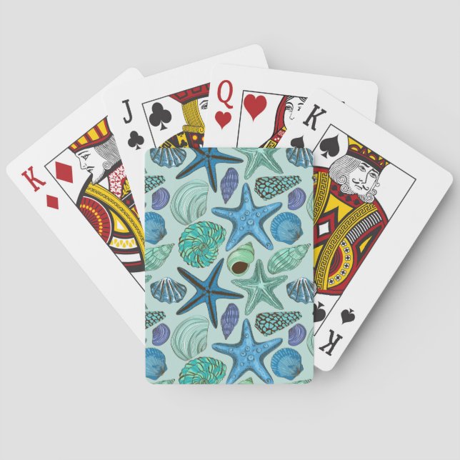 Shades Of Blue Seashells And Starfish Pattern Playing Cards (Back)