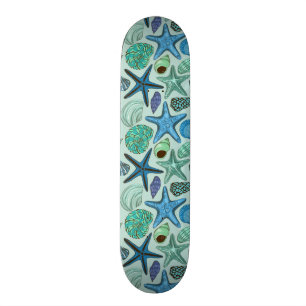 Shades Of Blue Seashells And Starfish Pattern Skateboard