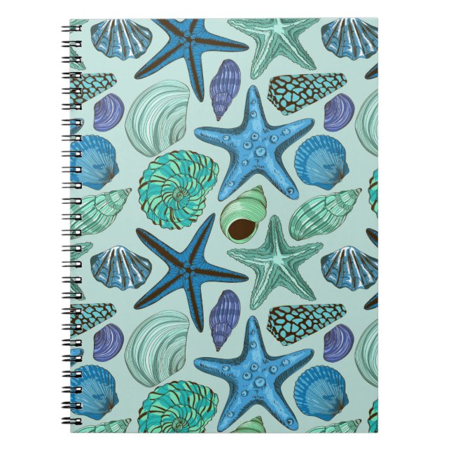 Shades Of Blue Seashells And Starfish Pattern Spiral Notebook (Front)