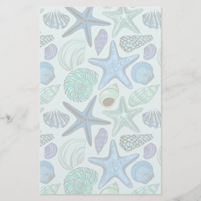Shades Of Blue Seashells And Starfish Pattern Stationery (Front)