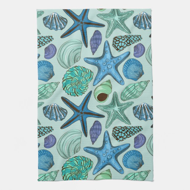 Shades Of Blue Seashells And Starfish Pattern Tea Towel (Vertical)