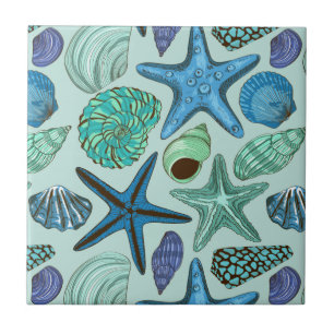 Shades Of Blue Seashells And Starfish Pattern Tile