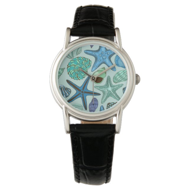 Shades Of Blue Seashells And Starfish Pattern Watch (Front)