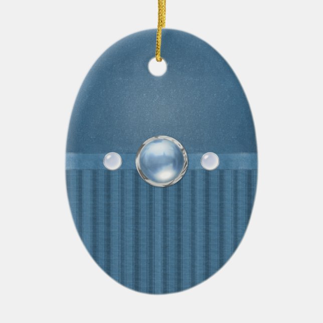 Shades of Blue Stripes and Beads Ceramic Egg Shape Tree Decoration (Front)
