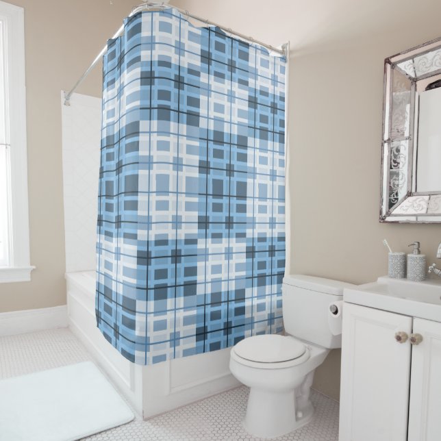 Shades of Blue Stylish Geometric Pattern Shower Curtain (In Situ)