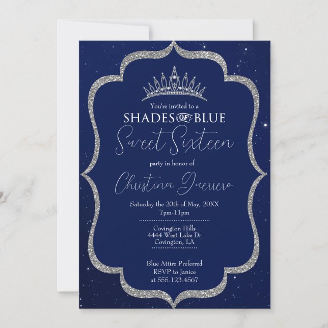 Shades of Blue Sweet 16 Birthday Invitation (Front)