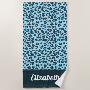 Shades of blue trendy leopard print with name beach towel