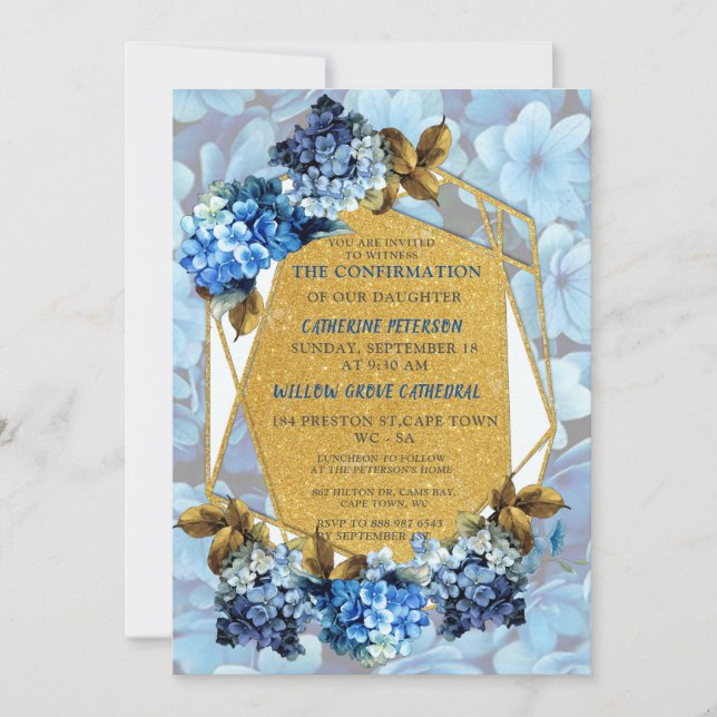 Shades of Blue watercolor Hydrangeas Confirmation Invitation (Front)