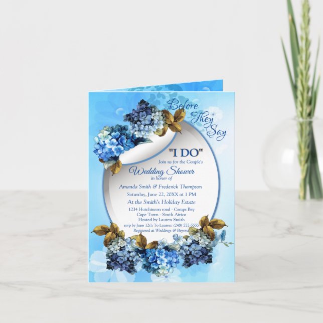 Shades of Blue Watercolor Hydrangeas Couple Shower Invitation (Front)