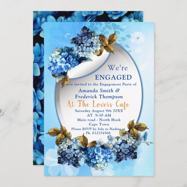 Shades of Blue Watercolor Hydrangeas Engagement Invitation (Front/Back)