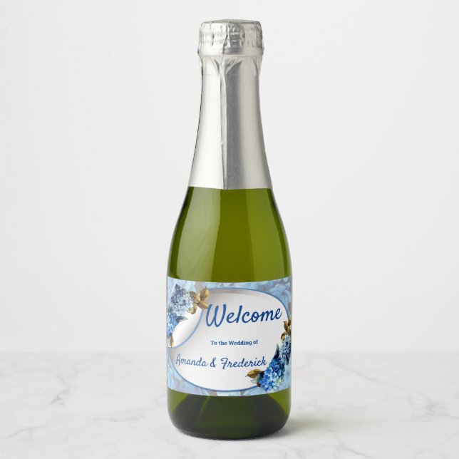 Shades of Blue Watercolor Hydrangeas Sparkling Wine Label (Front)