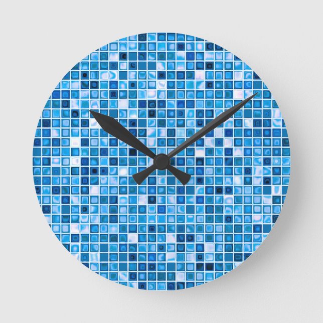 Shades Of Blue 'Watery' Mosaic Tiles Pattern Round Clock (Front)