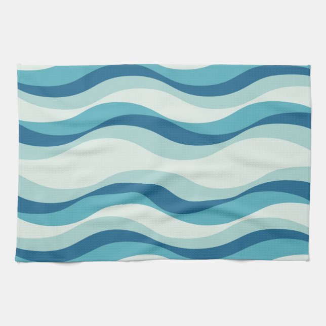 Shades of Blue Waves Pattern Tea Towel (Horizontal)