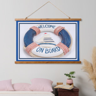 Shades of Blue White Background Welcome on Board Hanging Tapestry