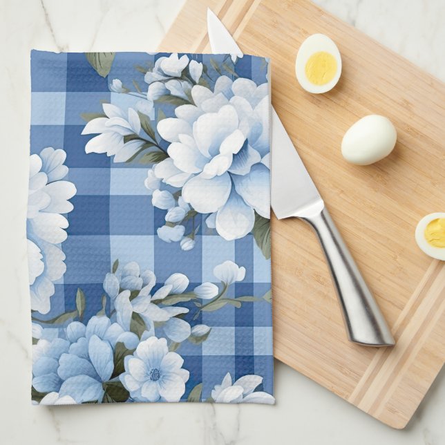 SHADES OF BLUE & WHITE PLAID PATTERN & FLOWERS TEA TOWEL (Quarter Fold)