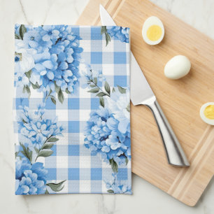 SHADES OF BLUE & WHITE PLAID PATTERN & FLOWERS TEA TOWEL