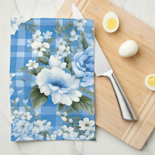 SHADES OF BLUE & WHITE PLAID PATTERN & FLOWERS TEA TOWEL