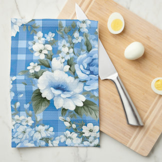 SHADES OF BLUE & WHITE PLAID PATTERN & FLOWERS TEA TOWEL