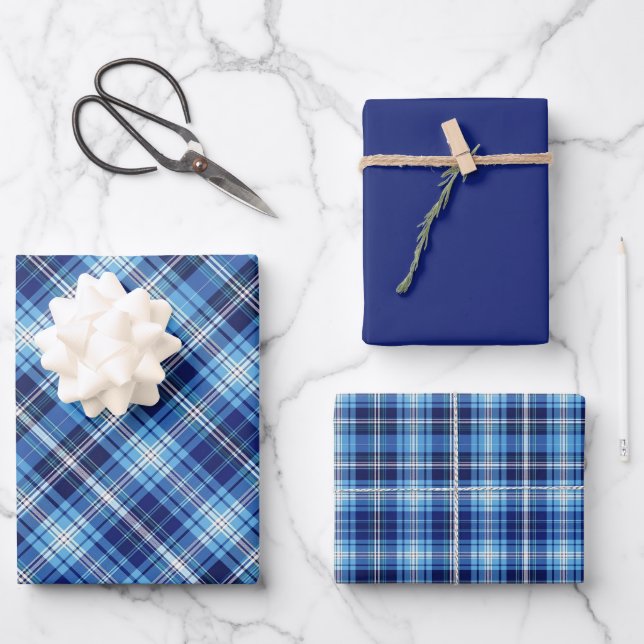 Shades of Blue & White Plaid Wrapping Paper Sheet (Front)