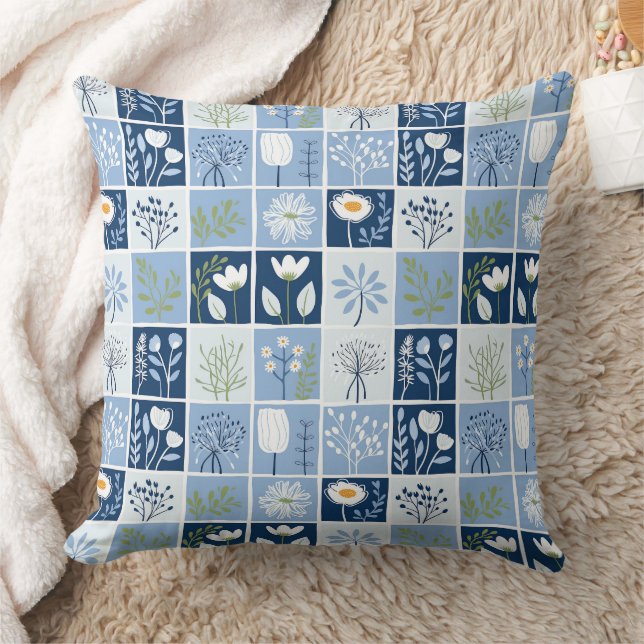 Shades of Blue, White, Yellow Faux Patchwork  Cushion (Blanket)
