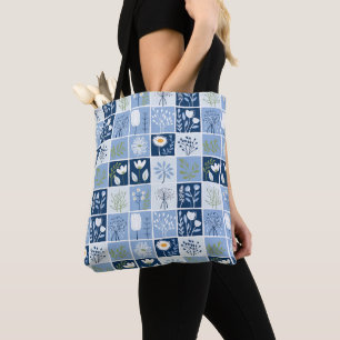 Shades of Blue, White, Yellow Faux Patchwork Tote Bag