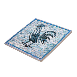 Shades of Blue with Black Mosaic Rooster Design Tile