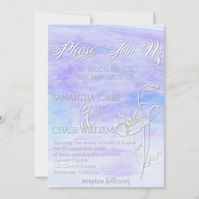 SHADES OF BLUES WATERCOLOR POPPIES WEDDING INVITATION (Front)
